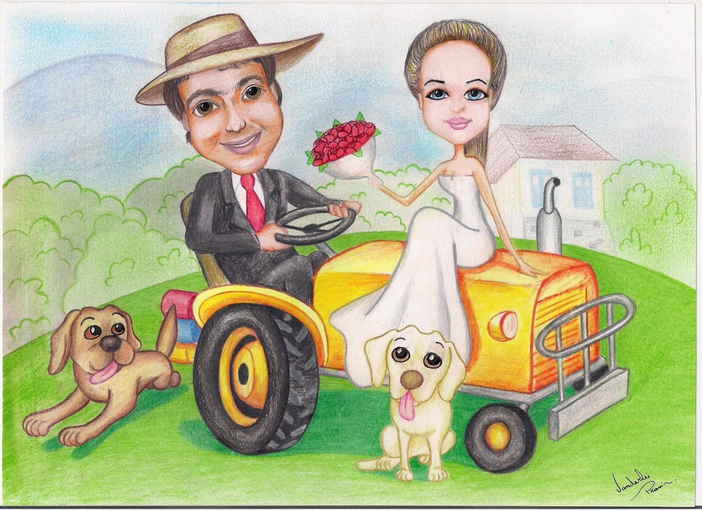 Caricatura colorida de um casal de noivos em um trator, com dois cachorros