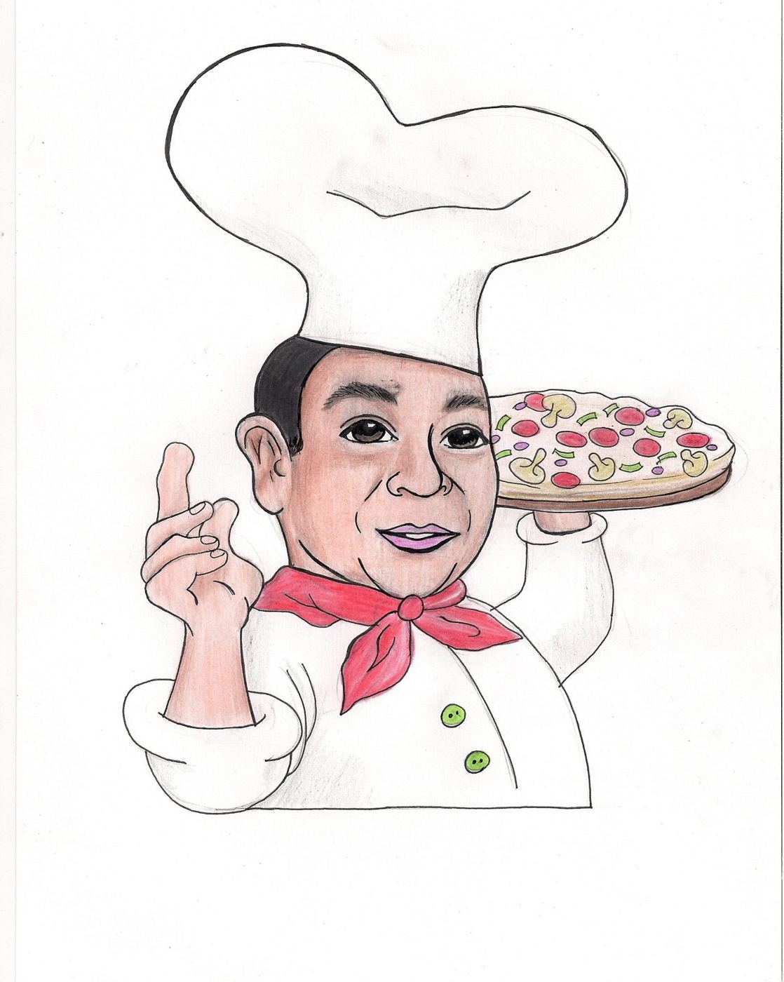 Caricatura de chef de cozinha segurando uma pizza