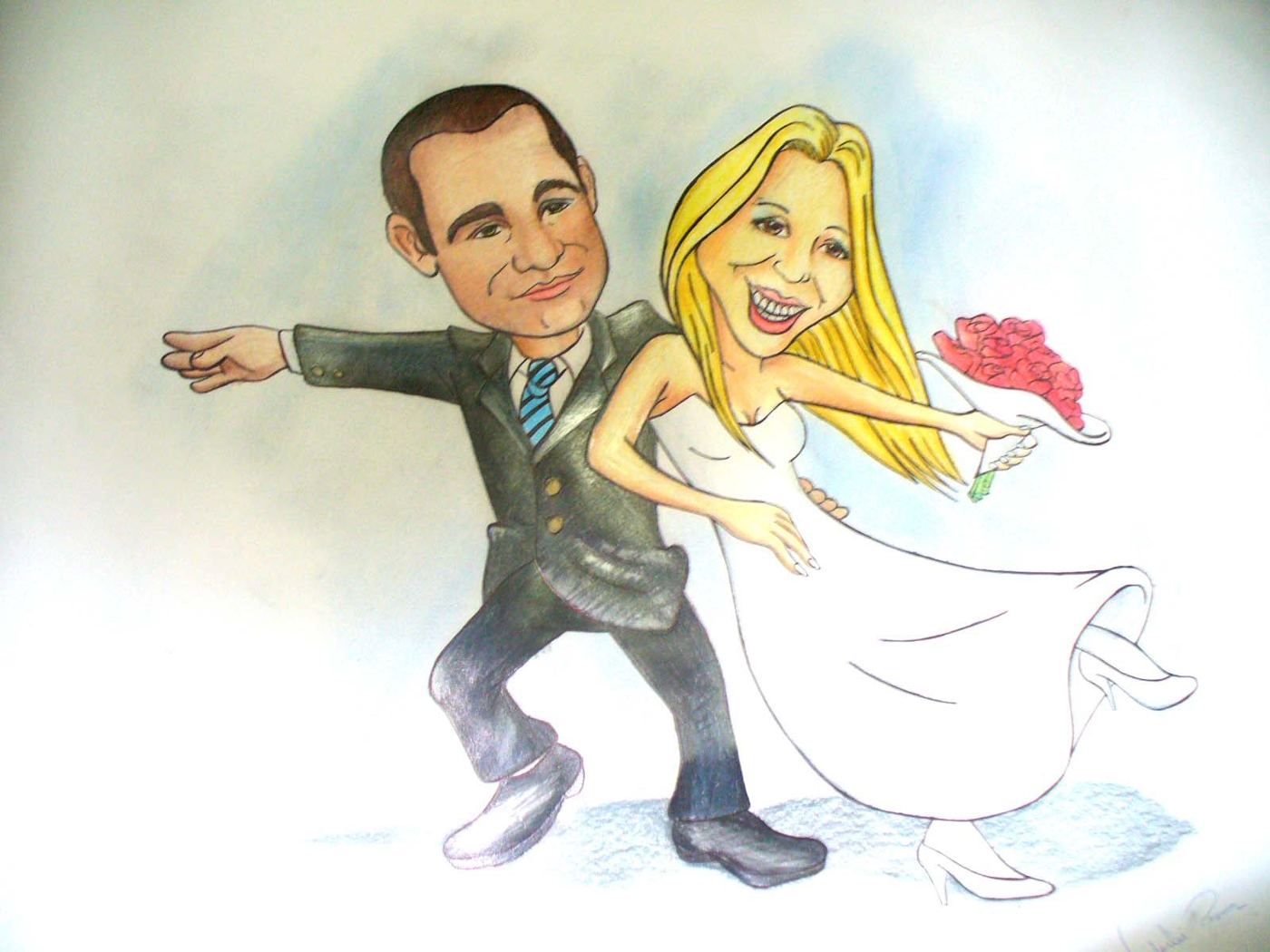 Caricatura colorida de noivos dançando