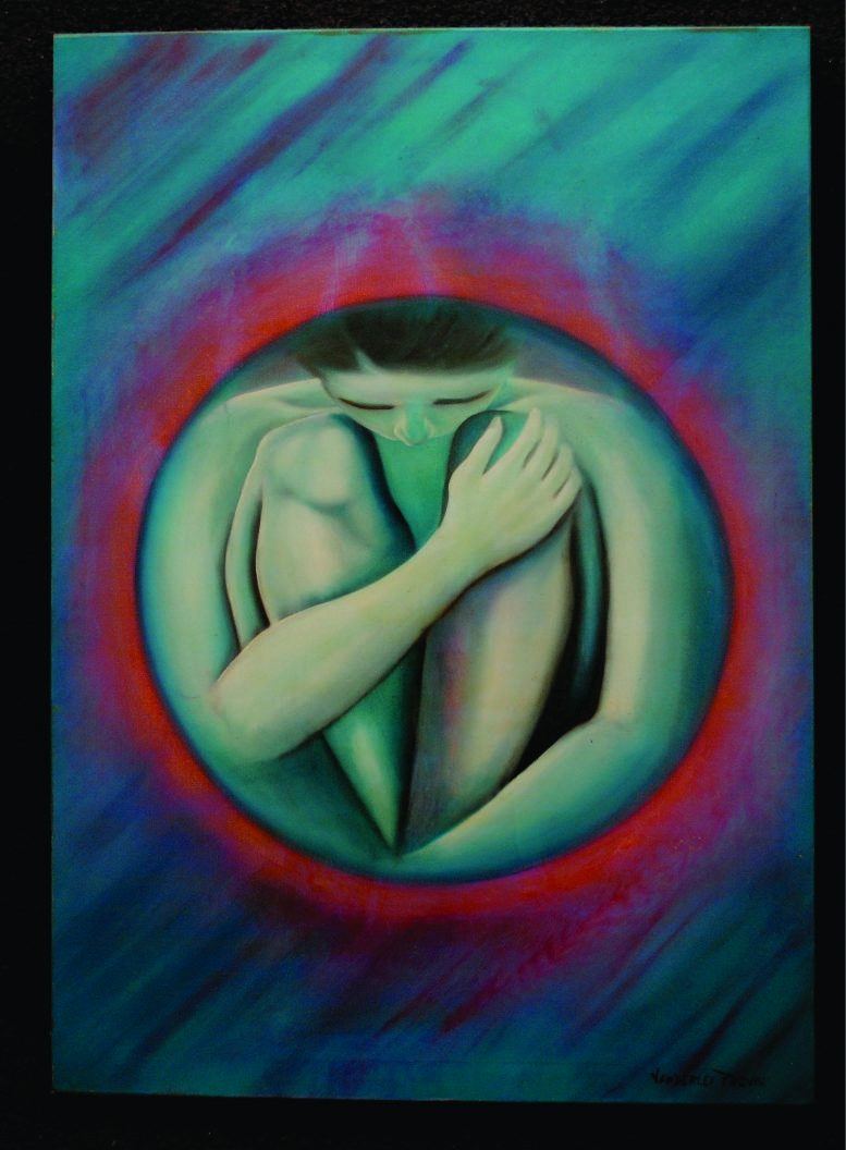 Pintura de figura encolhida em um abraço, em verde e azul, com halo vermelho