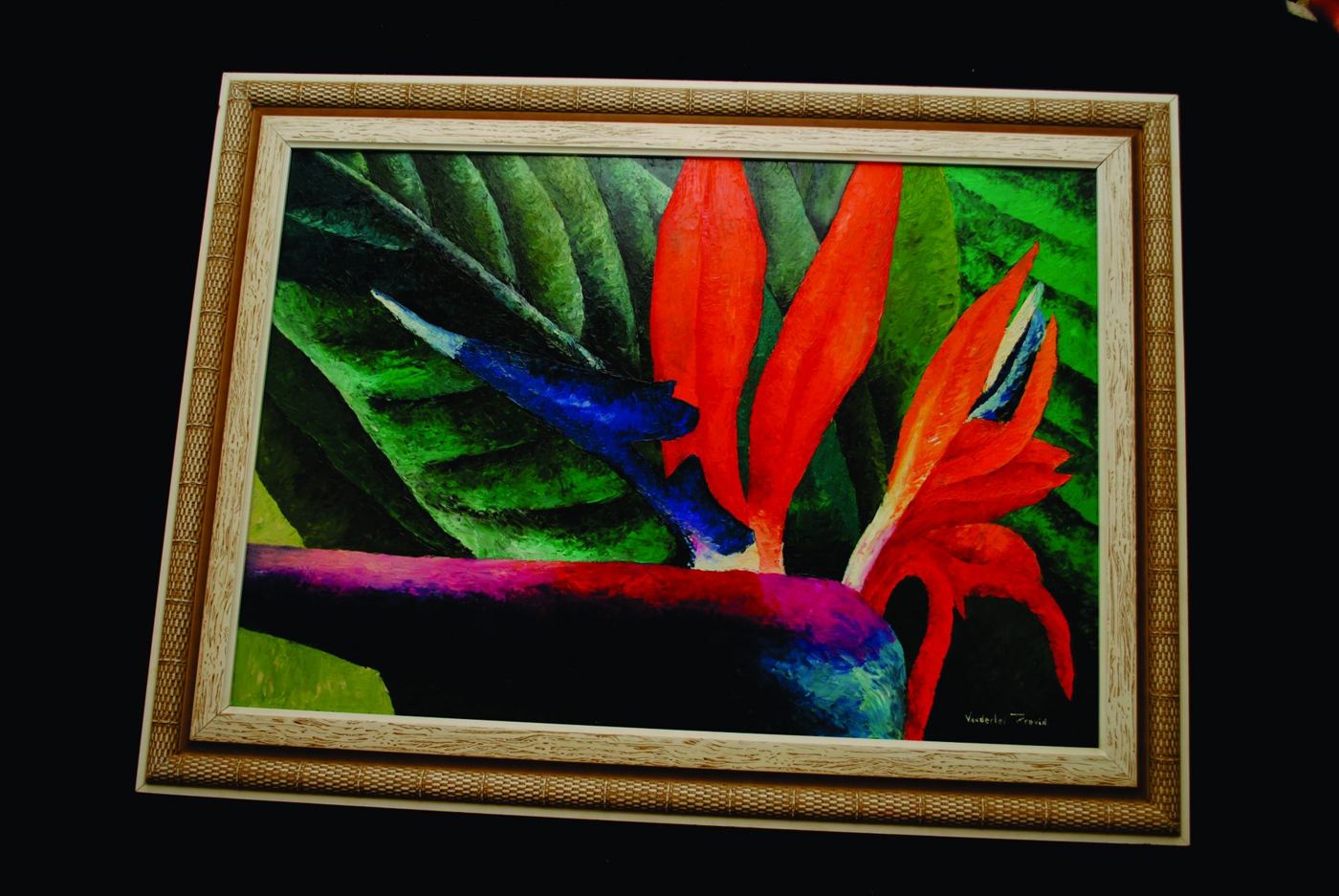 Pintura de flores ave-do-paraíso em vermelho e laranja