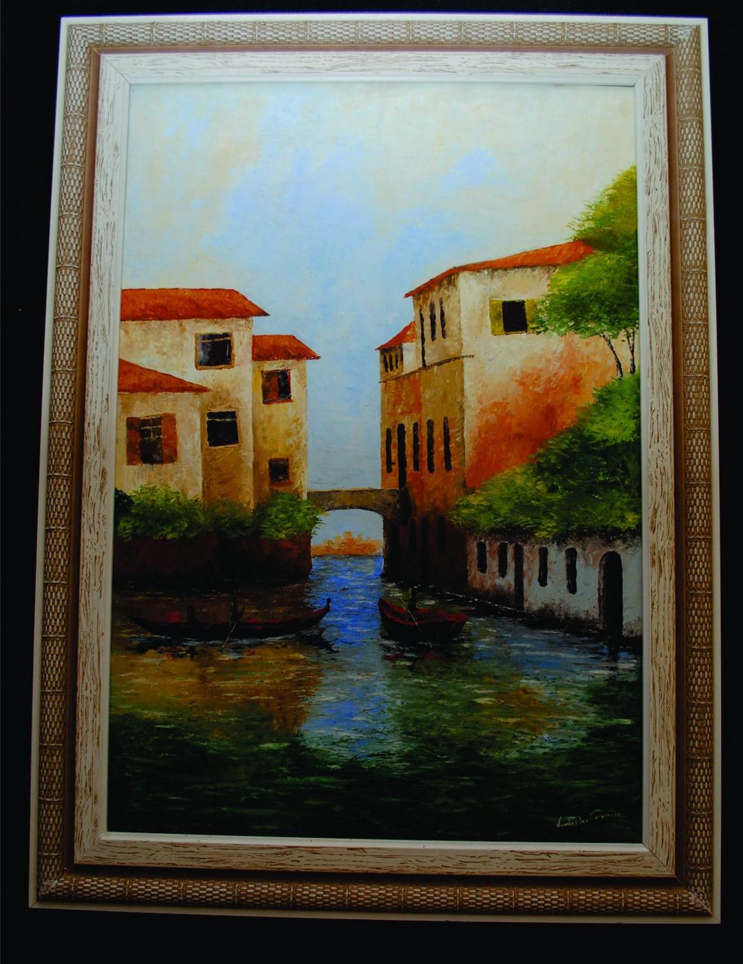 Pintura de casas coloridas à beira de um canal