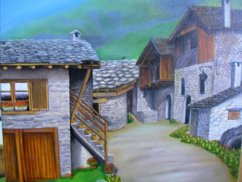 Pintura de vila com casas de pedra e caminho