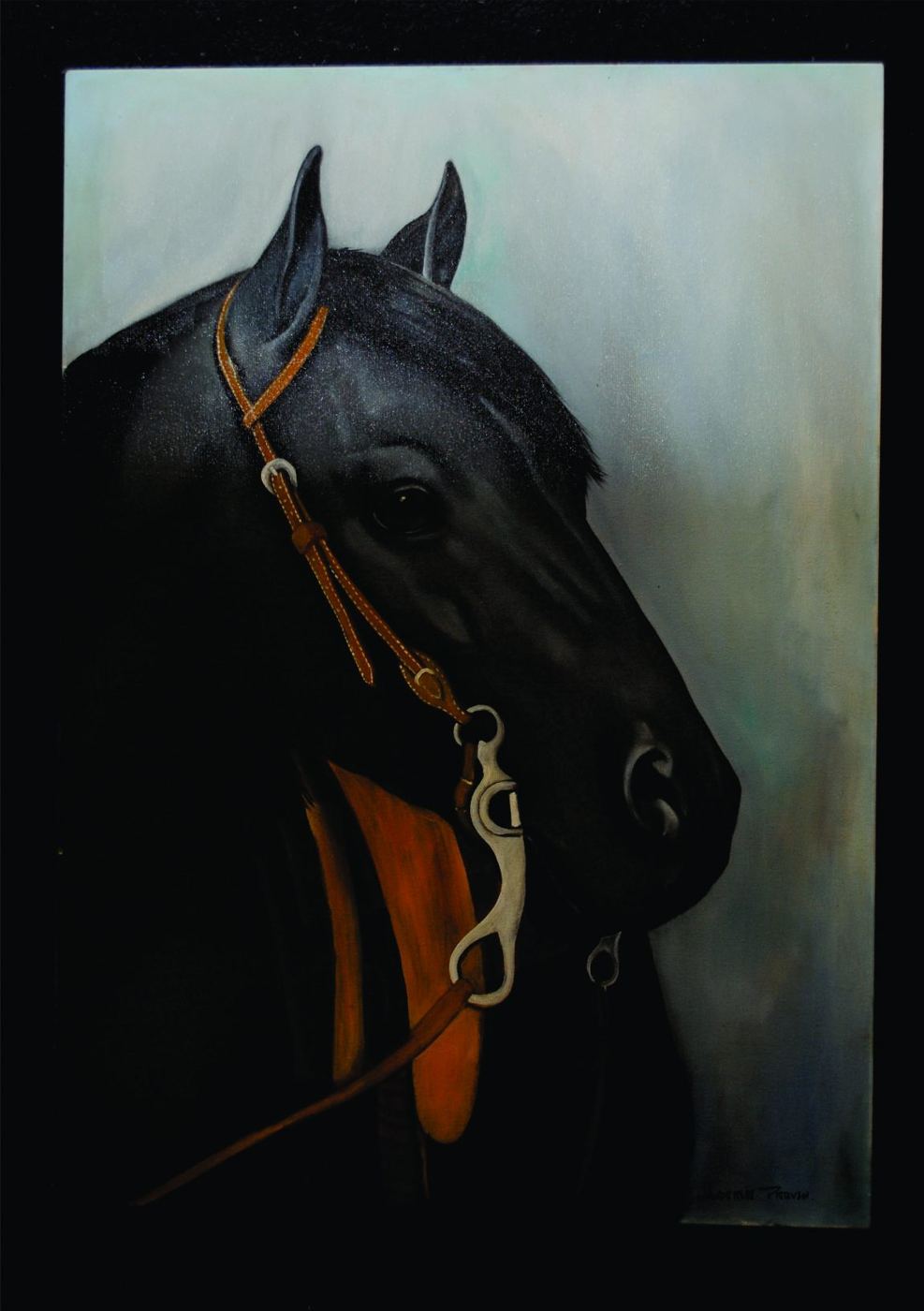 Pintura de cabeça de cavalo negro com rédeas