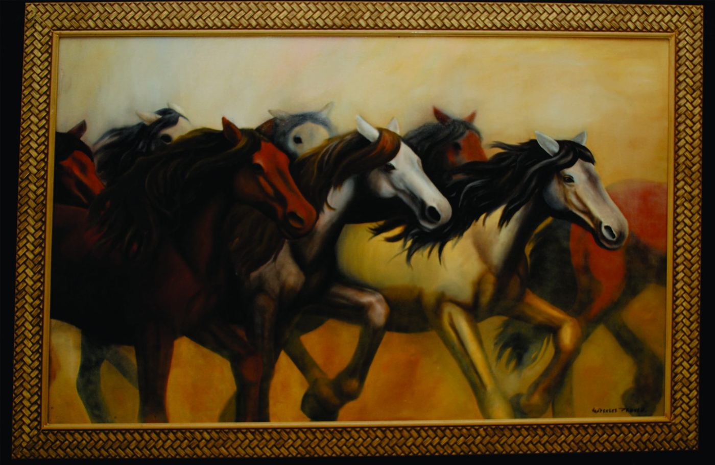 Pintura de cavalos em galope, em tons terrosos