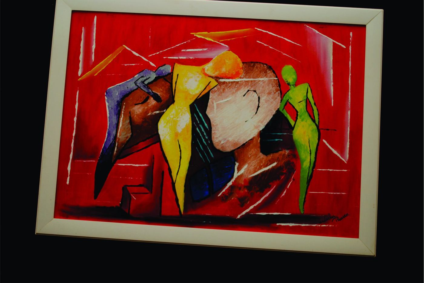 Pintura abstrata de inspiração cubista em vermelho, azul e amarelo