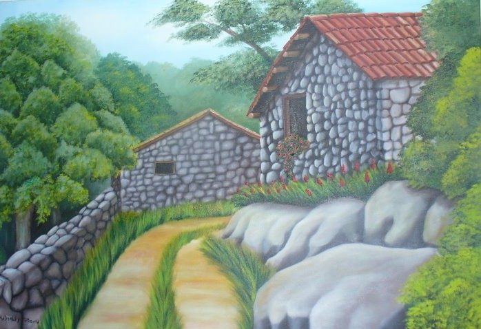 Pintura de casa de pedra à beira de um caminho
