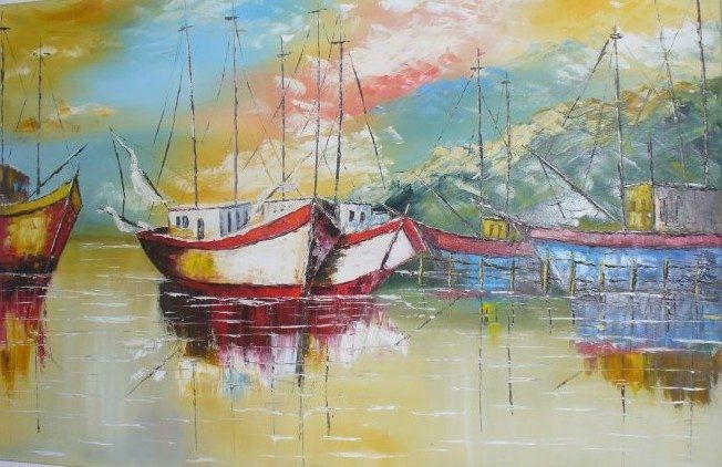 Pintura de barcos coloridos em uma marina