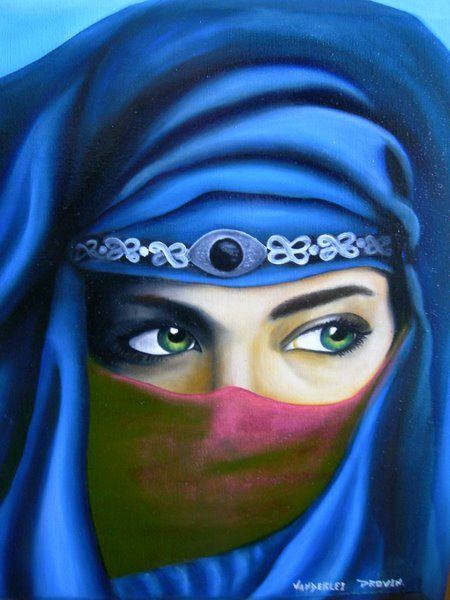 Pintura de mulher com véu azul e olhos verdes