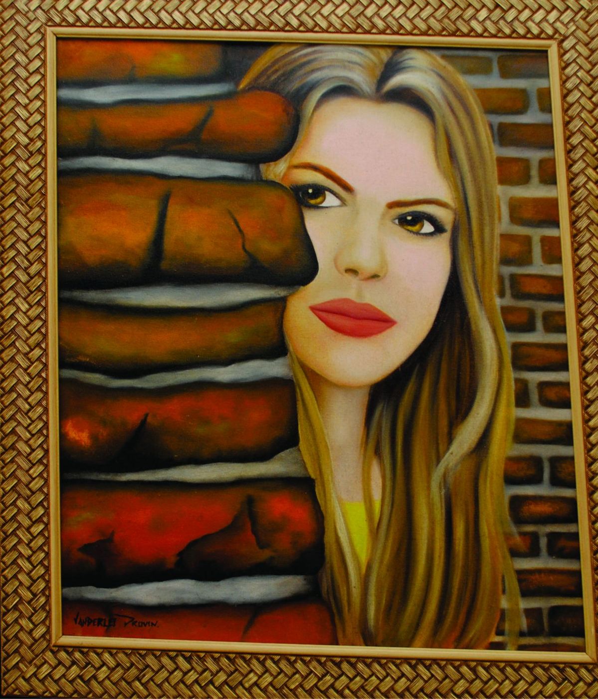 Pintura de rosto de mulher surgindo entre tijolos