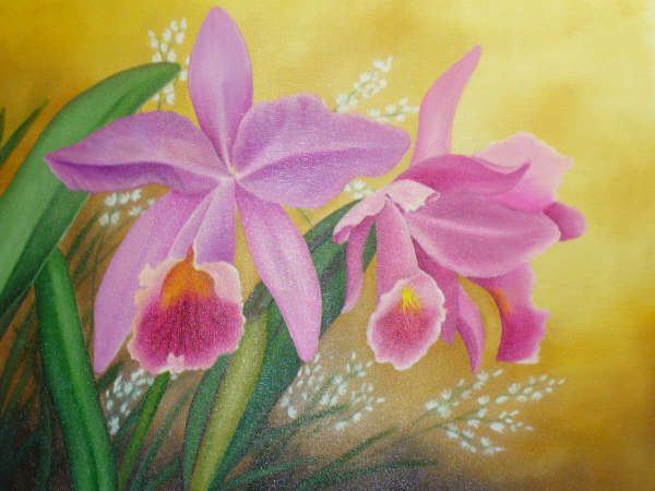 Pintura de orquídeas cor-de-rosa sobre fundo amarelo