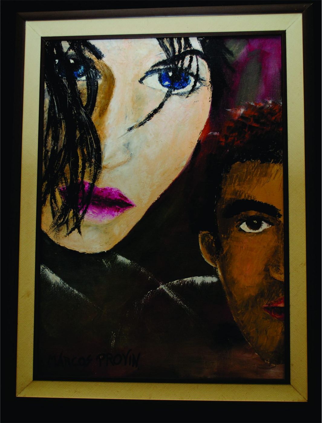 Pintura de dois rostos, uma mulher de olhos azuis e um homem