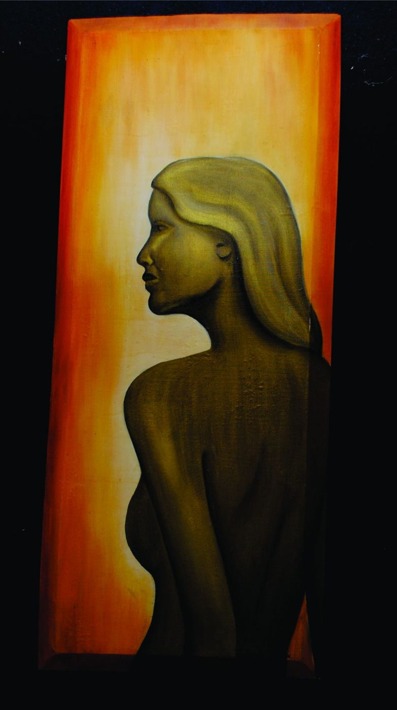 Pintura vertical de silhueta feminina em tons de laranja e marrom