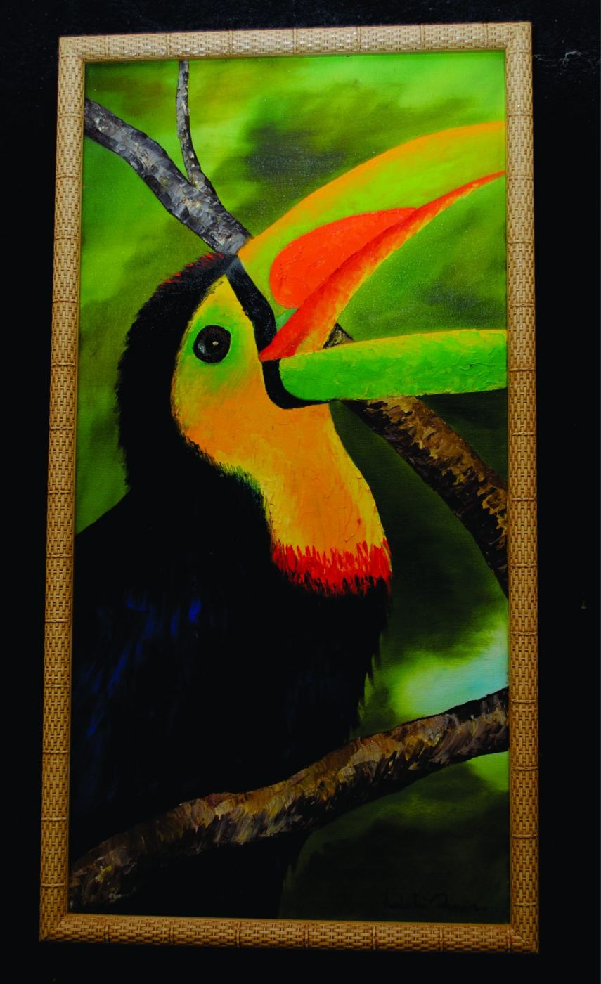 Pintura de um tucano sobre galho, com folhagem ao fundo